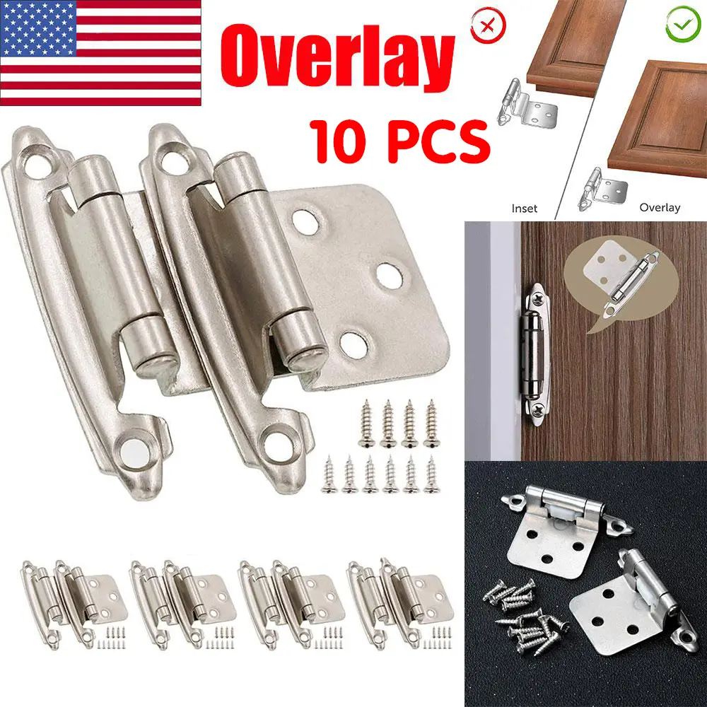10 Pcs 1/2 Inch Overlay Brushed Nickel Semi-Concealed Self-Closing Cabinet Door Hinges, Spring Loaded Automatic Closing Hinges, Spring Loaded Hinges
