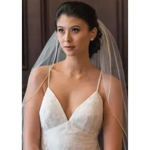 Simple Fingertip Length Wedding Veil with Ribbon Trim