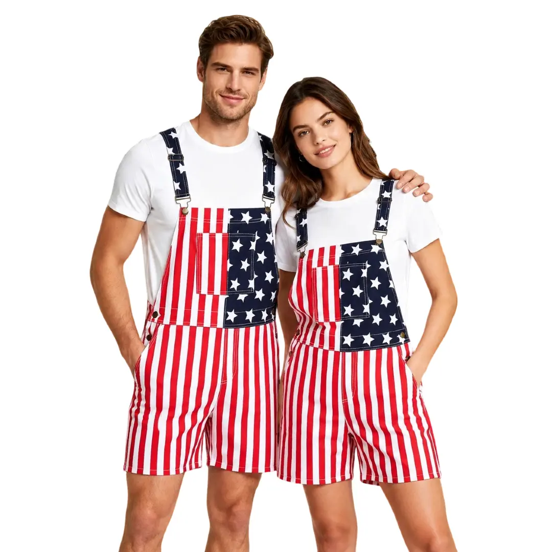Gihuo Unisex 250th Anniversary Stretch Denim Bib Overall Shorts - Adjustable Straps, Pockets, Patriotic Romper for Men & Women (4th of July Wear)