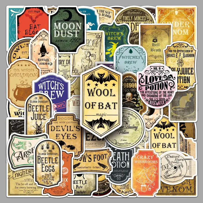 50PCS Vintage Apothecary PVC Decals - Cute Dark Aesthetic Character Stickers, 2-3in, 100% Waterproof, Strong Adhesion, Peel-and-Stick Mobile Phone Accessories for Smartphones, Wine Bottles, Sturdy And Strong Adhesion