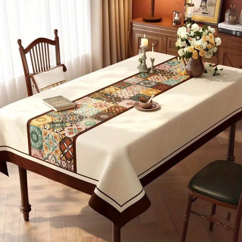EastJia 1pc Polyester Rectangle Tablecloth - Bohemian Patchwork, Durable, Easy to Clean, Machine-Made, Ideal for Patio Dining Table, Party Decor & Home Use