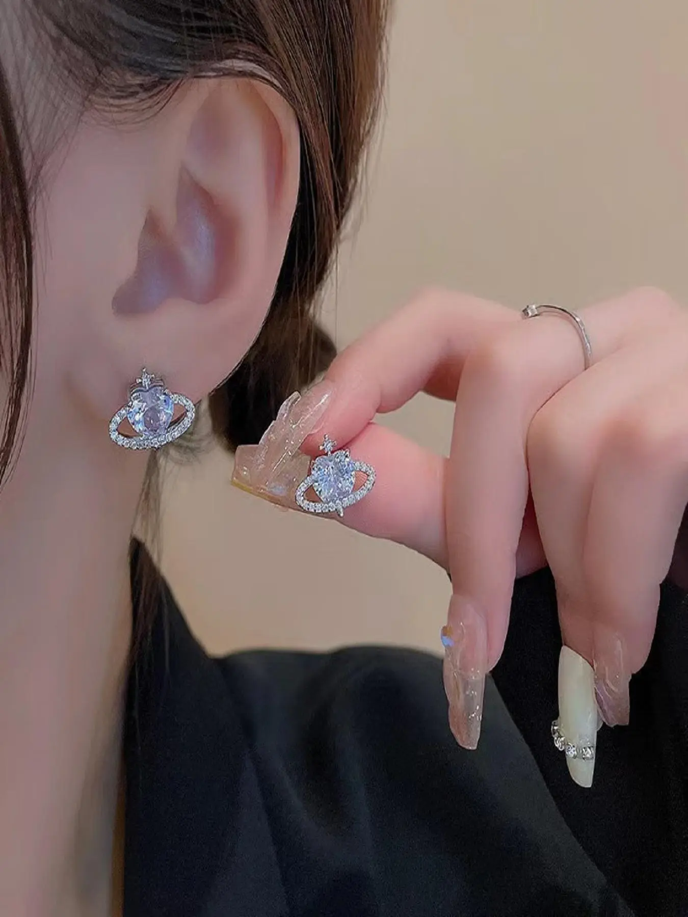 1 Pair Zircon Heart Planet Small Universe Earrings, Trendy Personalized Unique Ear Rings, Stylish Jewelry for Women, Perfect Gift Idea, Heart Shaped Earrings, Cute Jewelry