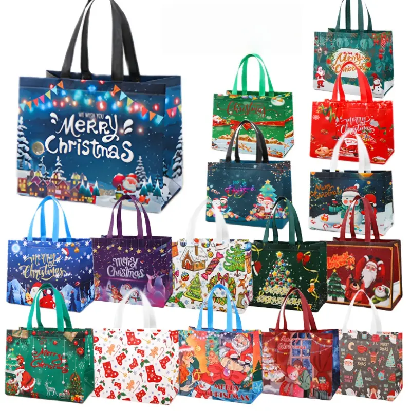 Reusable Non-Woven Christmas Bulk Gift Bags - 16/32 Pcs, 16 Fun Designs, Large-Capacity Party Bags for Office Supplies, Wedding Favors, Hanging as Wall Decor, 16Pcs, Festive