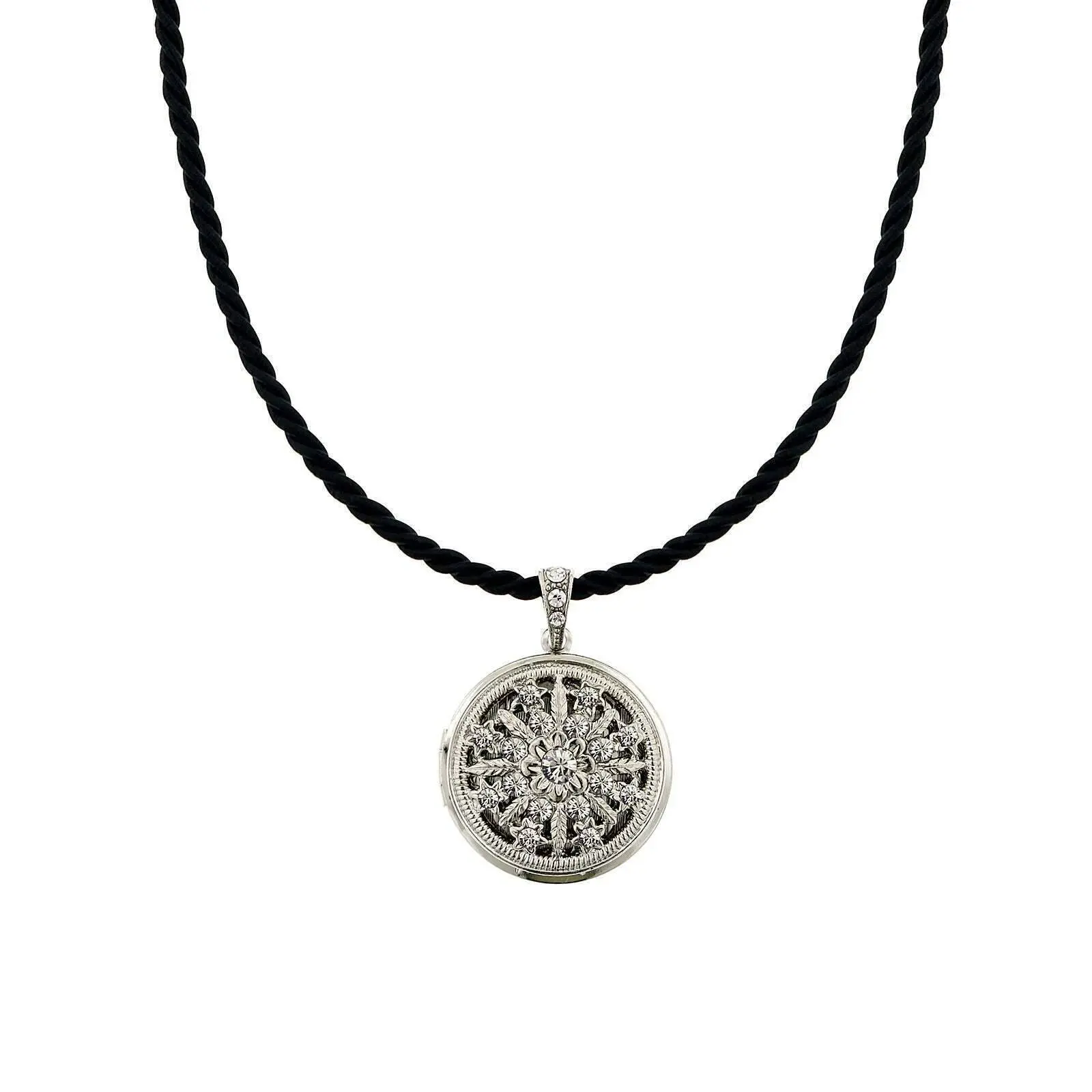 Flower & Stars Crystal Round Locket Necklace 18"