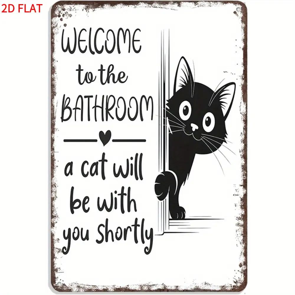 Vintage Metal Sign 2D Flat 1pc Home Decor Products, 8x12in Bathroom Decor Accessories Black Cat Peeking Wall Art, "Welcome to the bathroom - a cat is about to join you" Aluminium Plaque, Gift Option