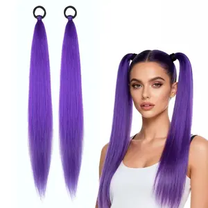 2-piece set of purple ponytail extension with elastic tie, straight sleeves wrapped around braided ponytail