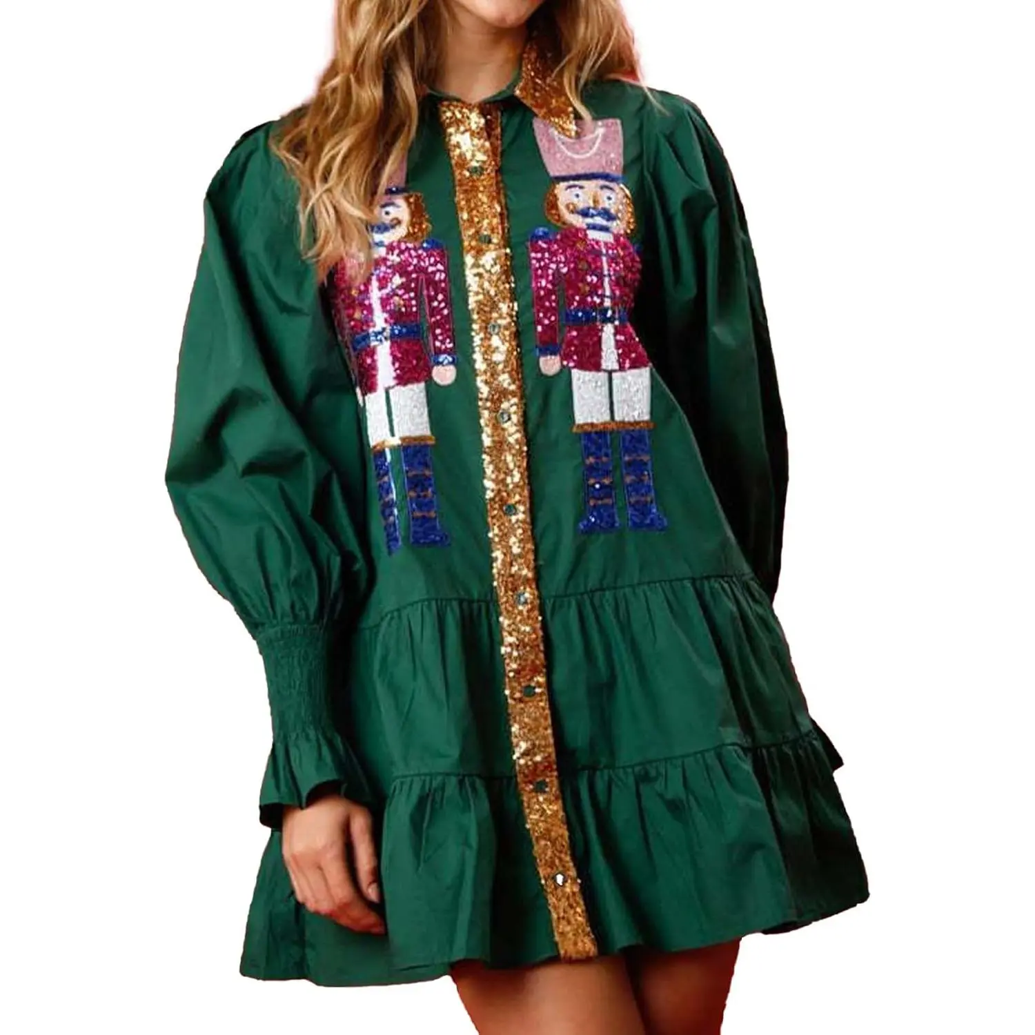 Women's Christmas Nutcracker Sequin Casual Dress - Long Puff Sleeve, Button-Down, Tiered Glitter Print, 1-Piece Polyester Comfortable Elegant Holiday Party Mini Shirt Dress