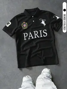 Men's Short Sleeve Polo Shirt, Paris Badge Horse Print, Street Style Casual Fashion, Outdoor Sports Campus Youth