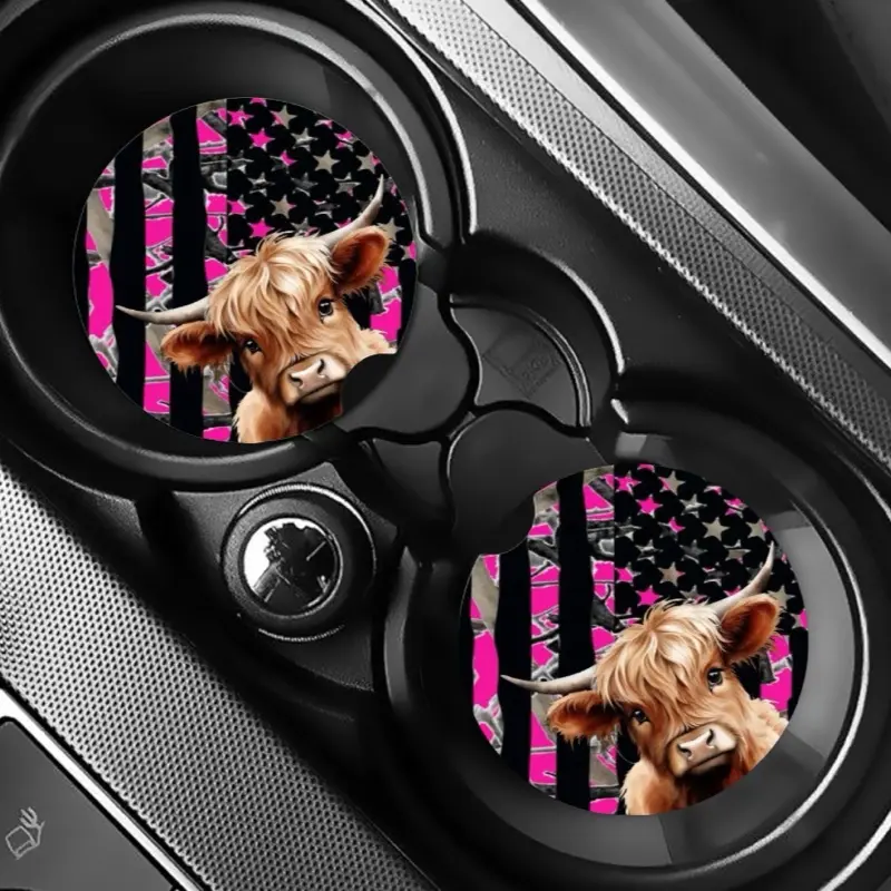 Pink Camo Cow Flag Car Coasters - Unique Design for Car Decoration