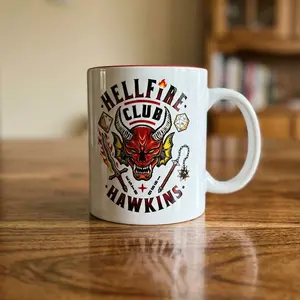 Stranger Things "Hellfire Club Hawkins" Original Artwork Mug, 11oz Ceramic Coffee Cup, Anime Gift for Fans, Unique Desk Decor D&D Enthusiast Gift