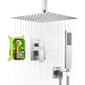 VEVOR Shower Faucet Set, Rainfall Bathroom Shower System with 12-Inch Square Rain Shower Head and Handheld Spray, Ceiling Mount Bath Fixtures with Brass Valve and Trim Kit, Brushed Nickel
