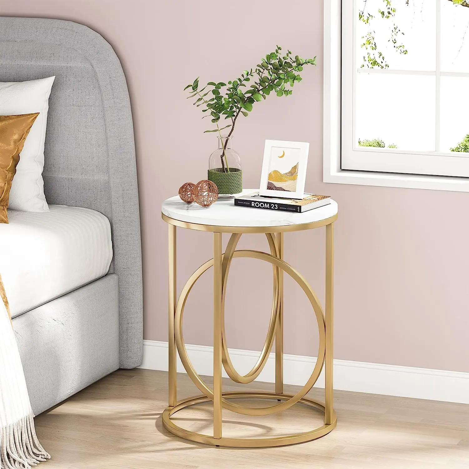 Tribesigns Modern Round End Table, 20”Sofa Side Table Cocktail Table with Unique Gold O-Shaped Base, Midcentury Accent Table Nightstand for Living Room, Bedroom, and Lounge Area