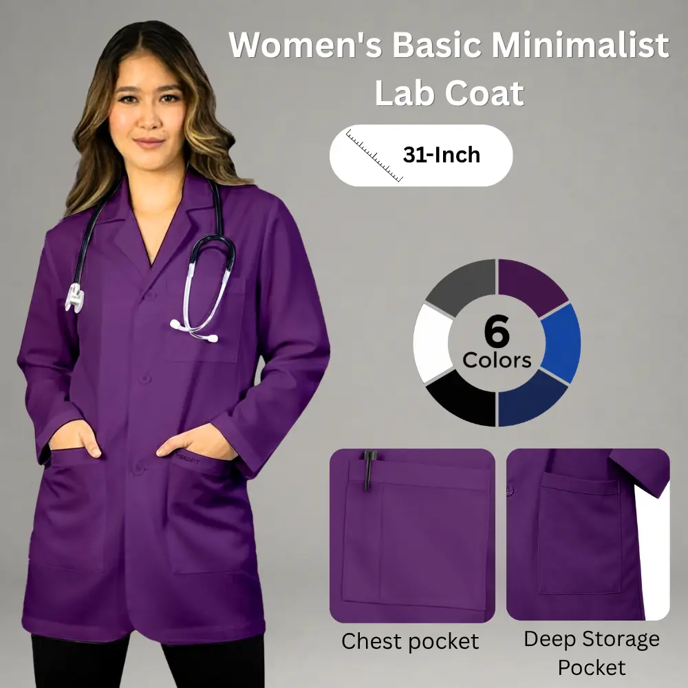 HEEDFIT Premium Women's Basic Minimalist Lab Coat (31in) - Women's Clothes, Clothes, Comfortable Breathable Poly-Cotton Fabric, 3 Pockets, Pen Slot, Long Sleeves, Medical Workwear Uniforms 1106, Nurse Style Uniforms, Hospital Style Uniforms