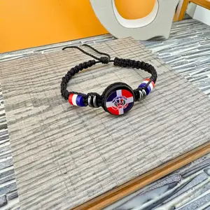 Dominican Republic Flag Bracelet Handcrafted Macrame Cord Adjustable Gemstone Beads Unisex Gift Various Colors