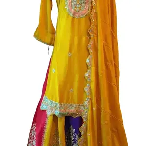 Chinon Yellow Color Kurtha with Lehenga and Shawl - Traditional Design Ensemble size XL