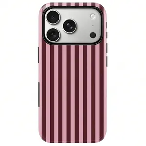Striped Pattern Pink Burgundy Vertical Stripe Print Phone Case, Heavy Duty Shockproof 2in1 Protective Cover for iPhone 17 16 15 14 13 12 11 Pro Max Series Holiday Gift Minimalist Fashionable Case
