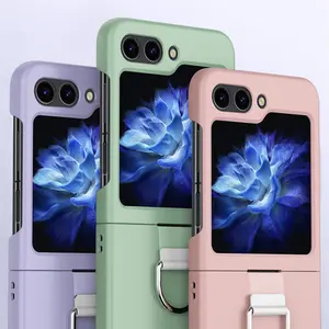 Luxury Fashion Folding Ring Bracket Silk Lanyard Phone Case For Samsung Galaxy Z Flip 5 4 3 Flip5 Shockproof Hard Acrylic Cover