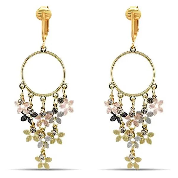 Gold Multi Daisies Clip On Dangling Earrings
