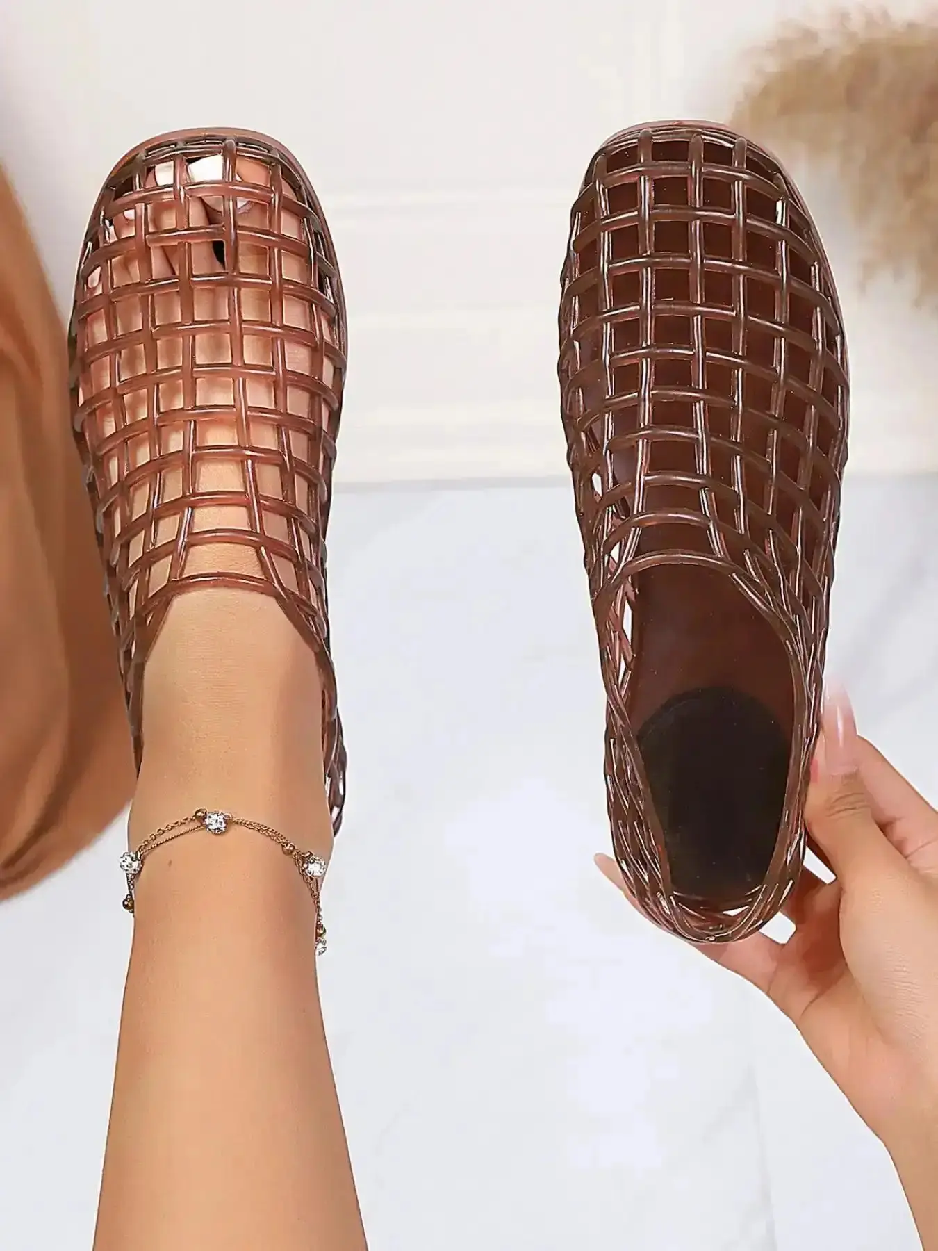 Women's transparent cut-out jelly sandals ballet flats Soft sole mesh comfortable and lightweight for outdoor beach suitable summer shoes with round toe Footwear travel cruise wear essential vacation ready Trendy Casual