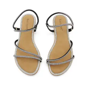 Women's Strappy Flat Sandals Sparkly Glitter Rhinestone Comfortable Slip-on Open Toe Slides Footwear Chanclas Fashion Girl Summer Casual Dressy Shoes XQX