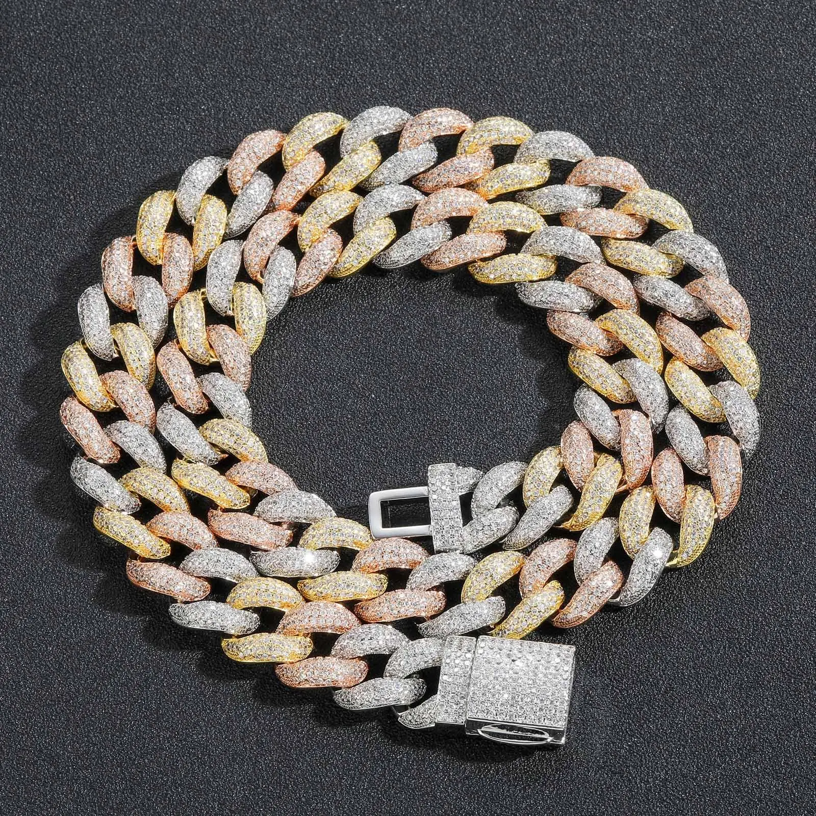 15mm Bubble Cuban Chain - Men's Three-Tone Micro Pave Zircon Necklace, Hip Hop Statement Accessory