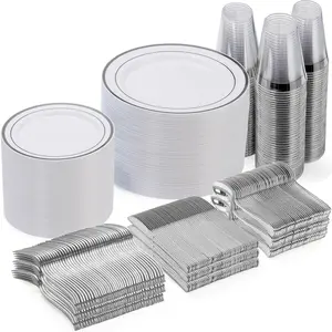 Goodluck 600 Piece Disposable Silver Plates Set for 100 Guests Includes 100 Dinner Plates 100 Salad Plates 100 Spoons 100 Forks 100 Knives 100 Cups Perfect for Party Dessert and Christmas Events