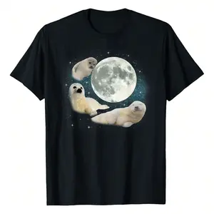 Three Cute Baby Seals Moon | 3 Seal Funny Weird Cursed Meme T-Shirt Women Unisex Men S Cotton Short Sleeve T-Shirt, Perfect For Summer Adventures, 100% Soft Fabric, Ideal For Sports, Work, And Relaxation