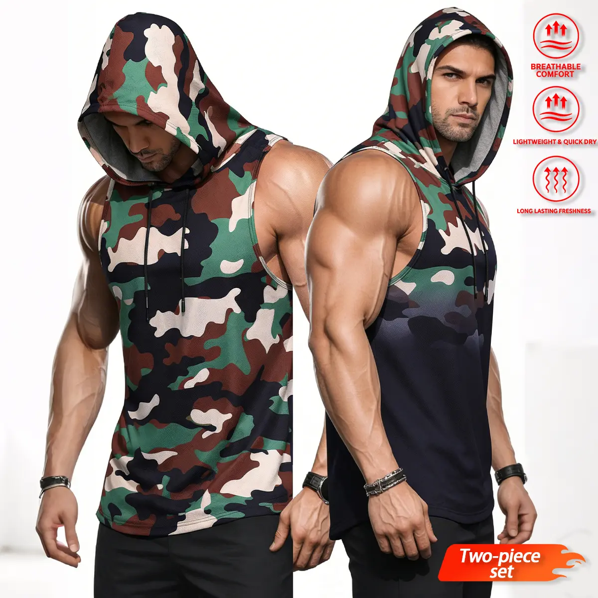 Men’s two-pack camouflage loose tank top/vest T-shirt set, comfortable breathable mesh fabric, gradient design, men’s fitness vest, sporty casual versatile tank top/vest T-shirt, compression shirt Sleeveless