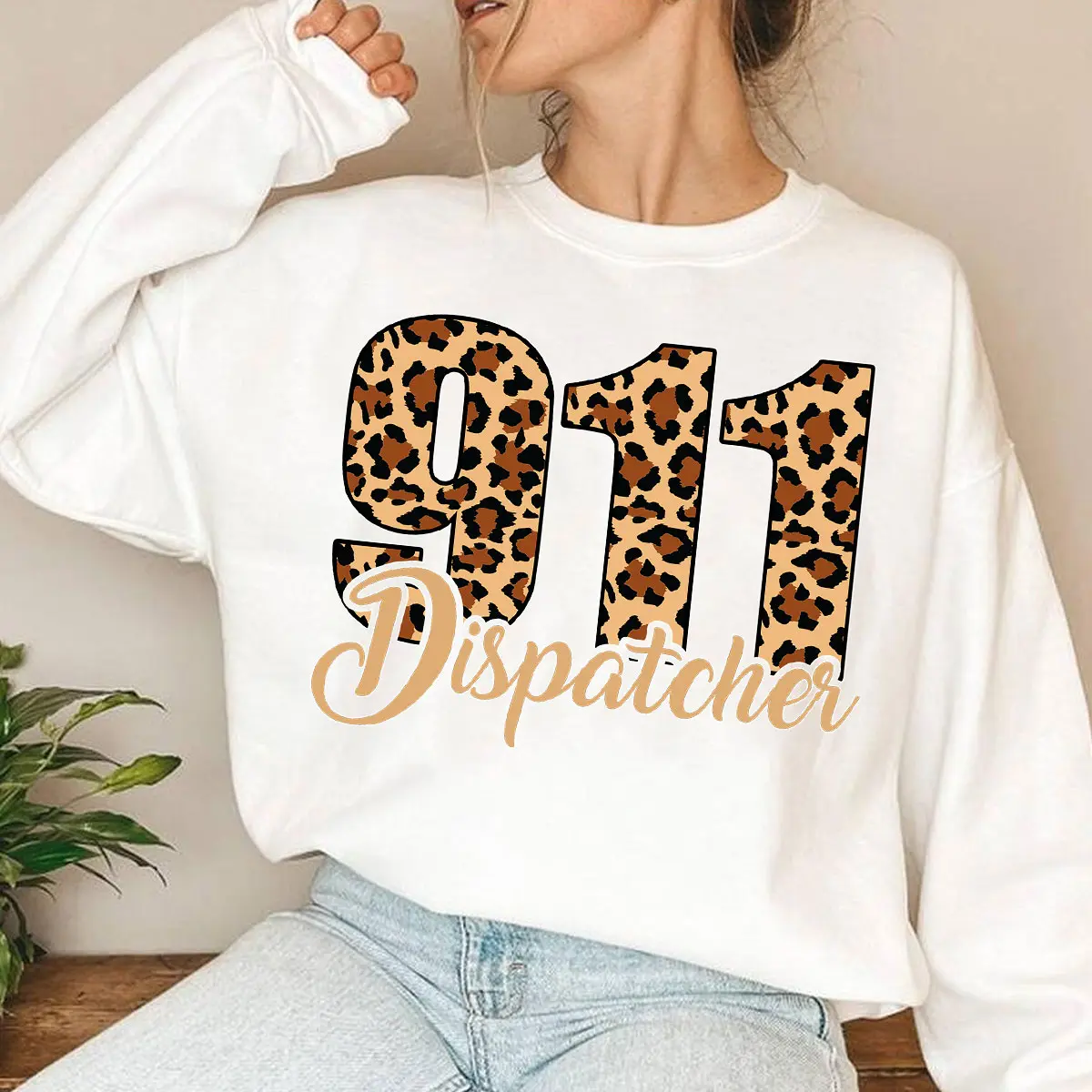 [Made in USA] Cheetah 911 Dispatcher Merch Sweatshirt, Emergency Dispatcher Crewneck Pullover, Leopard Print 911 Operator Sweater, Cute Dispatcher Appreciation Gift, Public Safety Telecommunicator Outfit