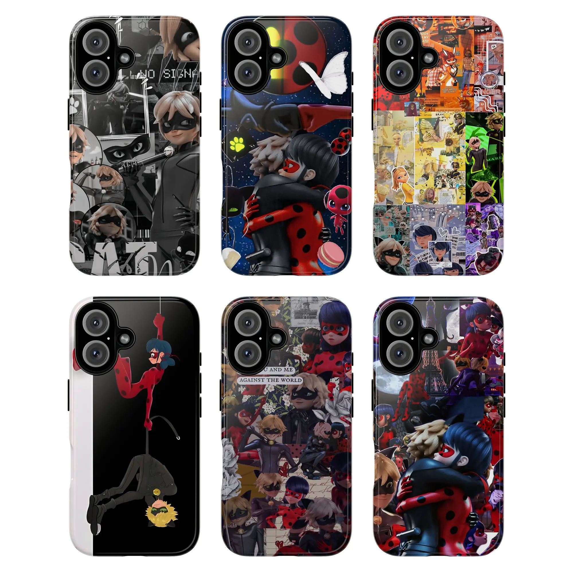 Ladybug & Cat Noir Phone Case, Miraculous Cartoon Collage Red Black Paris Eiffel Tower Characters Ladybug Cat Noir Hearts Butterflies Yo-Yo Weapon Anime Style Playful Artistic Retro Aesthetic for iPhone 17 17 Pro Max 17 Pro 17 16 15 14 13 12 11