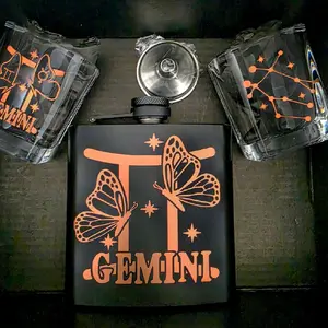 Gemini Zodiac Giftset — Rose Gold Edition (Flask + Shot Glasses)For the witty, dual‑natured, magnetic Gemini