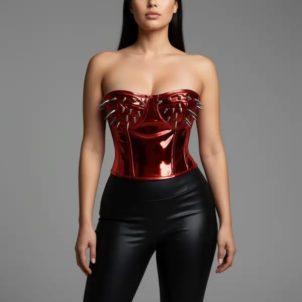 Red Metallic PVC Bustier Corset for Women | Steel Boned Gothic Waist Trainer with Bullet Spikes & Side Zip closure