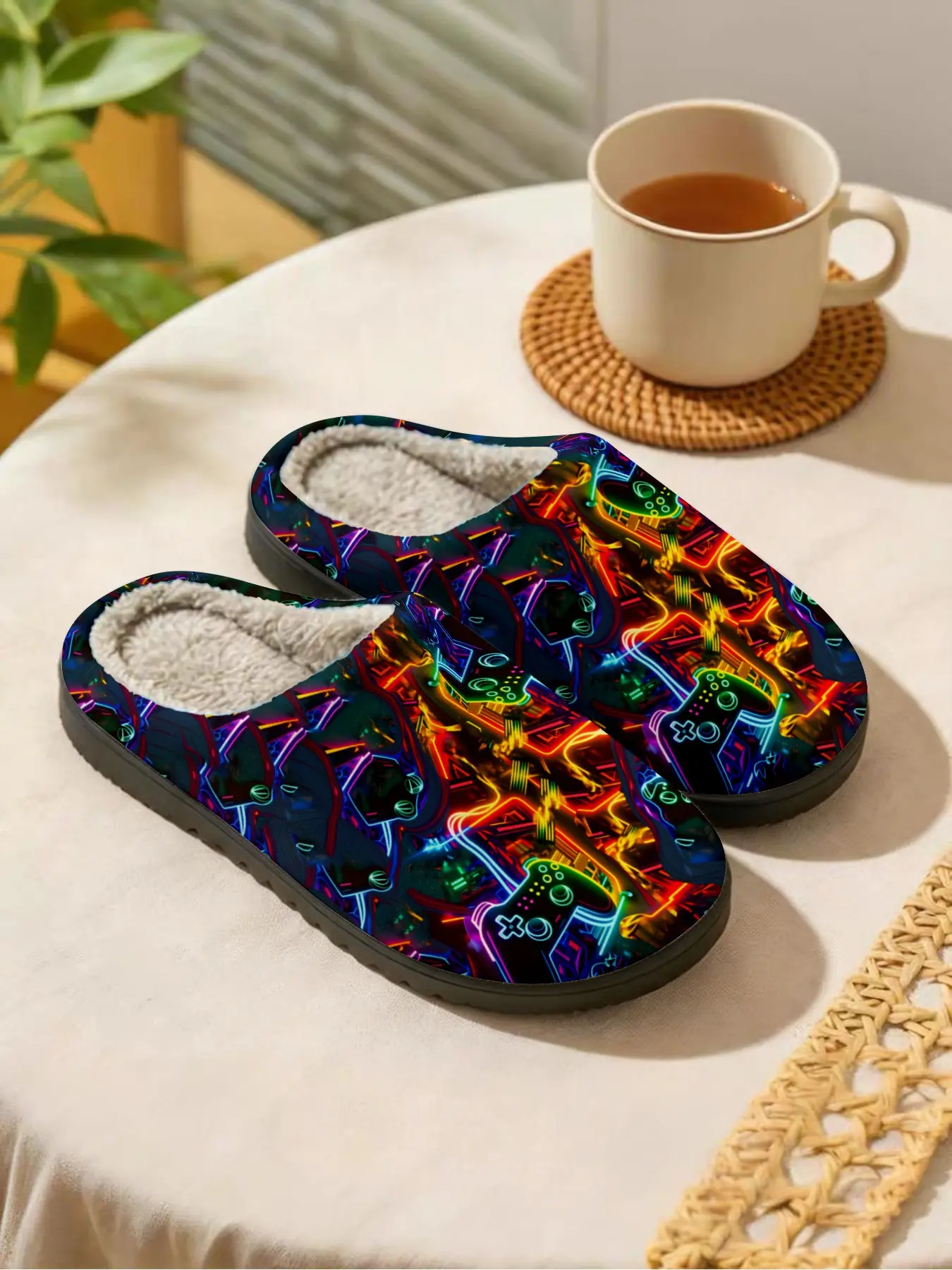 Neon Game Controller Print · Cyberpunk Cool Style · 1 Pair · Warm Plush Lined Non-Slip · Indoor Slippers · Gamers / Winter Home