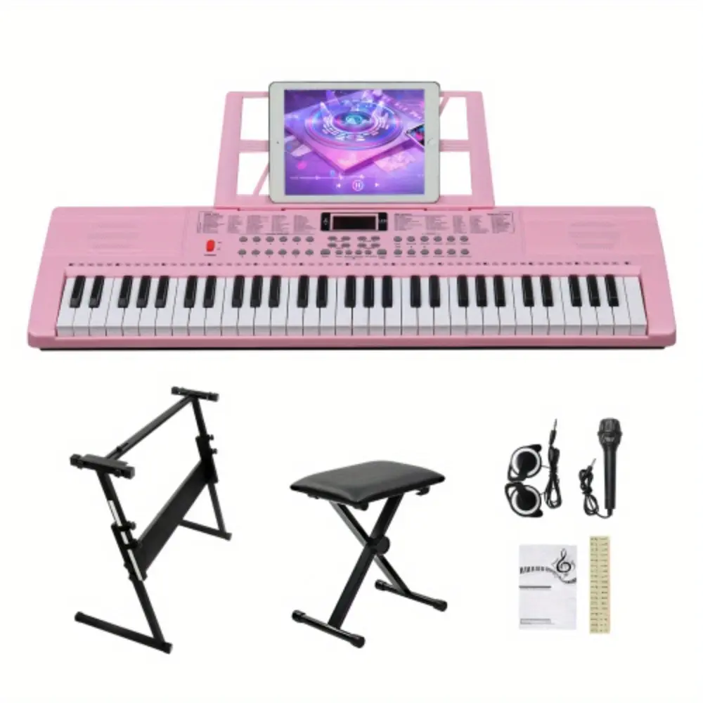 GEP-110S01 Pink 61-Key Keyboard Set with Stand Bench Built-in Speakers Headphone Microphone Music Rest 3 Teaching Modes for Beginners 200 Tones 200 Rhythms 60 Demo Tracks LED Display Electronic Piano