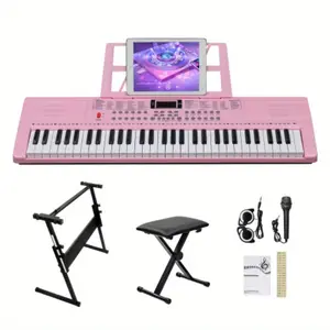 GEP-110S01 Pink 61-Key Keyboard Set with Stand Bench Built-in Speakers Headphone Microphone Music Rest 3 Teaching Modes for Beginners 200 Tones 200 Rhythms 60 Demo Tracks LED Display Electronic Piano