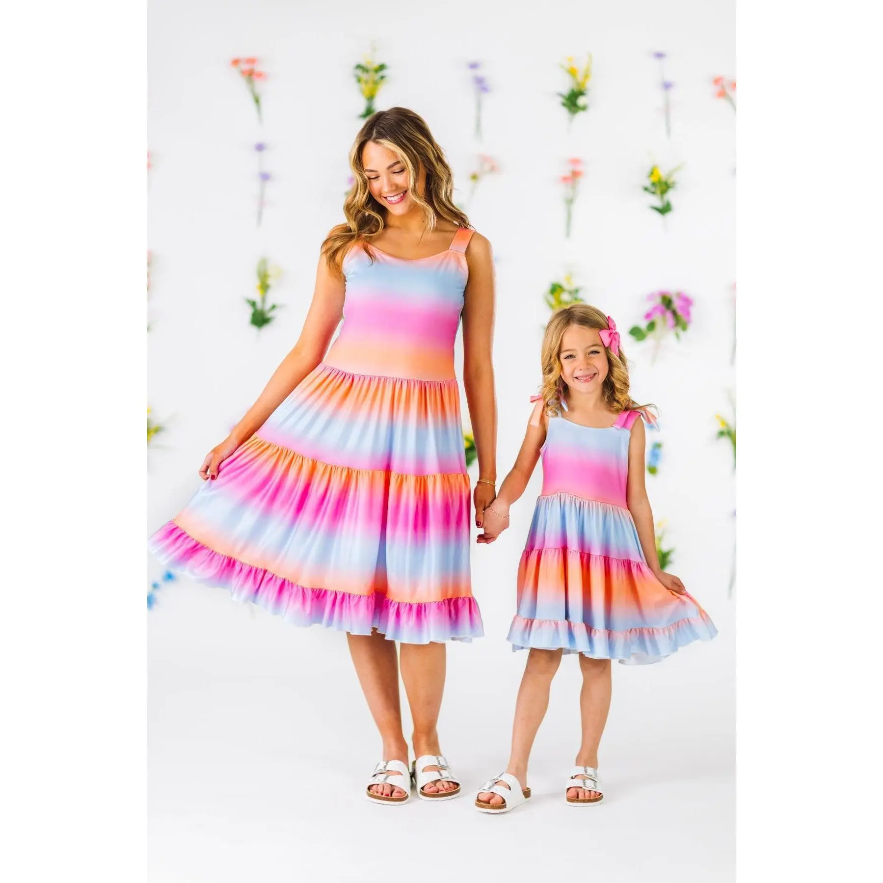 Matching Mother Daughter Dresses for Women & Kids, Tiered Ruffle Tank Sleeve Clothes with a Sunset Ombre Pattern