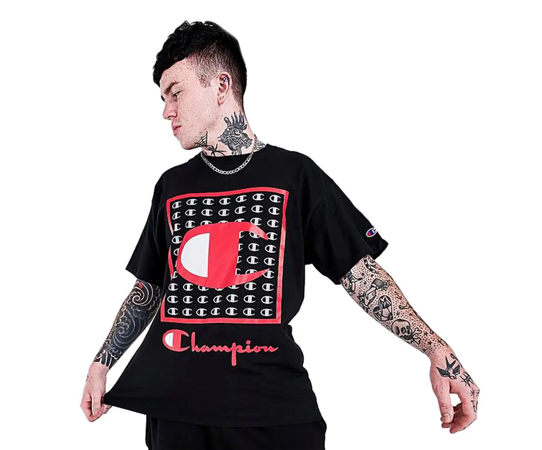 Champion Men's All-Seasons Graphic T-Shirt, Casual Active Crew Neck Short Sleeve Top with Classic Logo Pattern and Tab Detail