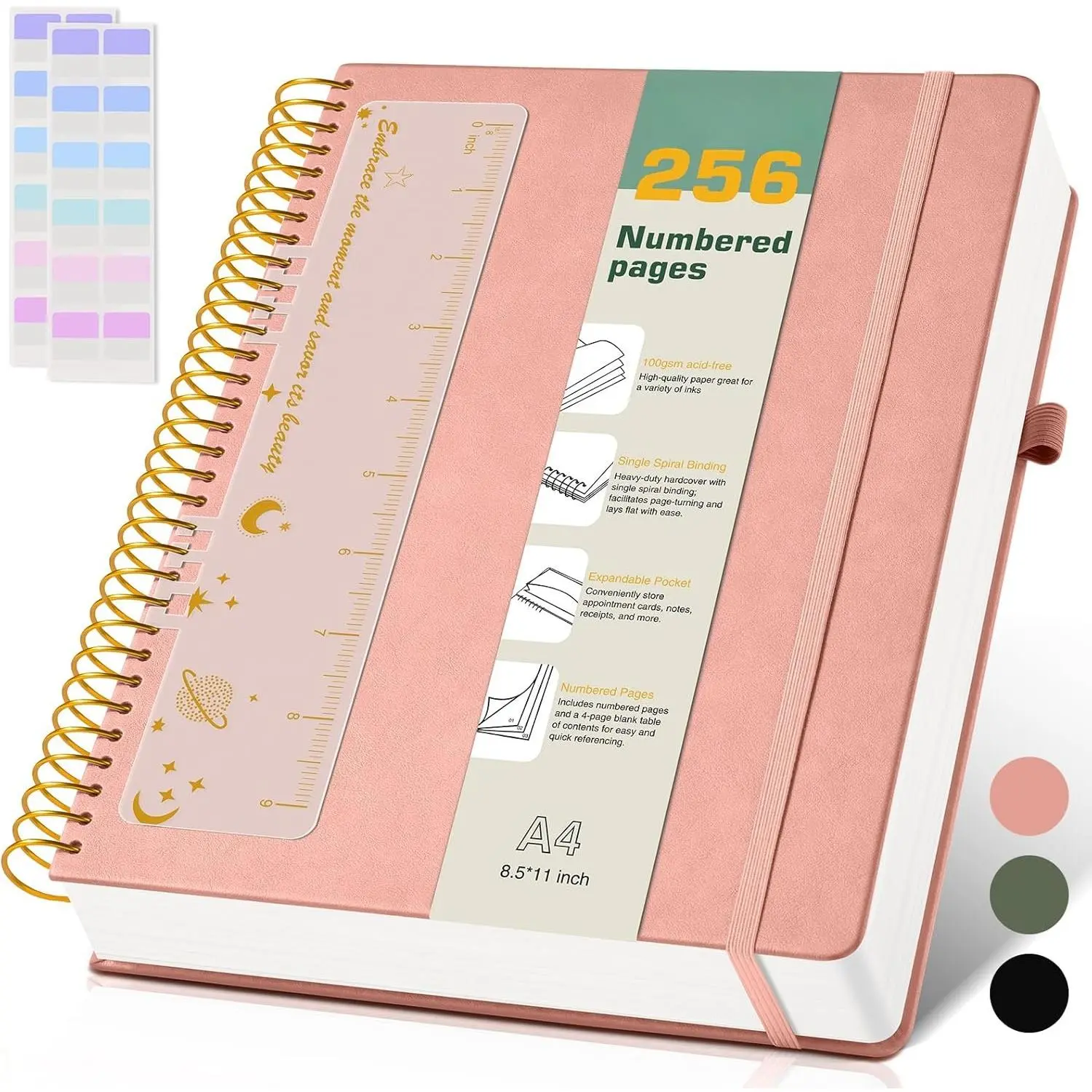 A4 Spiral Notebook Journal 8.5" x 11", 256 Numbered Pages Hardcover Leather Journals for Women Men, Large Lined College Ruled Notebooks, 100GSM Thick Paper, Spiral Bound Journal for Work School, Pink