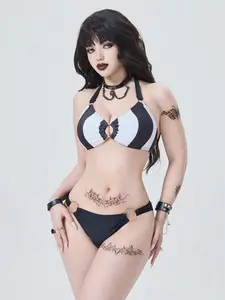Tina Nico 2026 Latest Metal Ring Decor Bikini Set, Black & White Striped Printed Halter Neck Tie Design, Summer Beach Pool Party Goth Style For Women Goth Bikini Gothic Swimwear Goth Swimsuit Emo Bathing Suit Kawaii Swimsuit