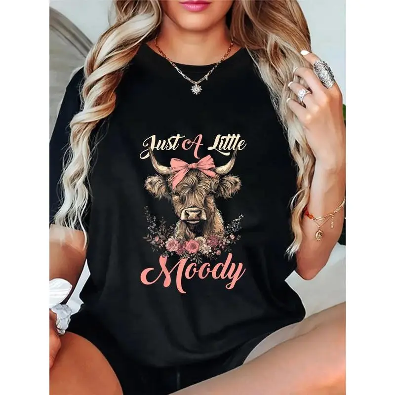 Women's 100% Cotton Short-Sleeve Round Neck Graphic Tshirt, Streetwear Farm Highland Cow "Just A Little Moody" Casual Clothes