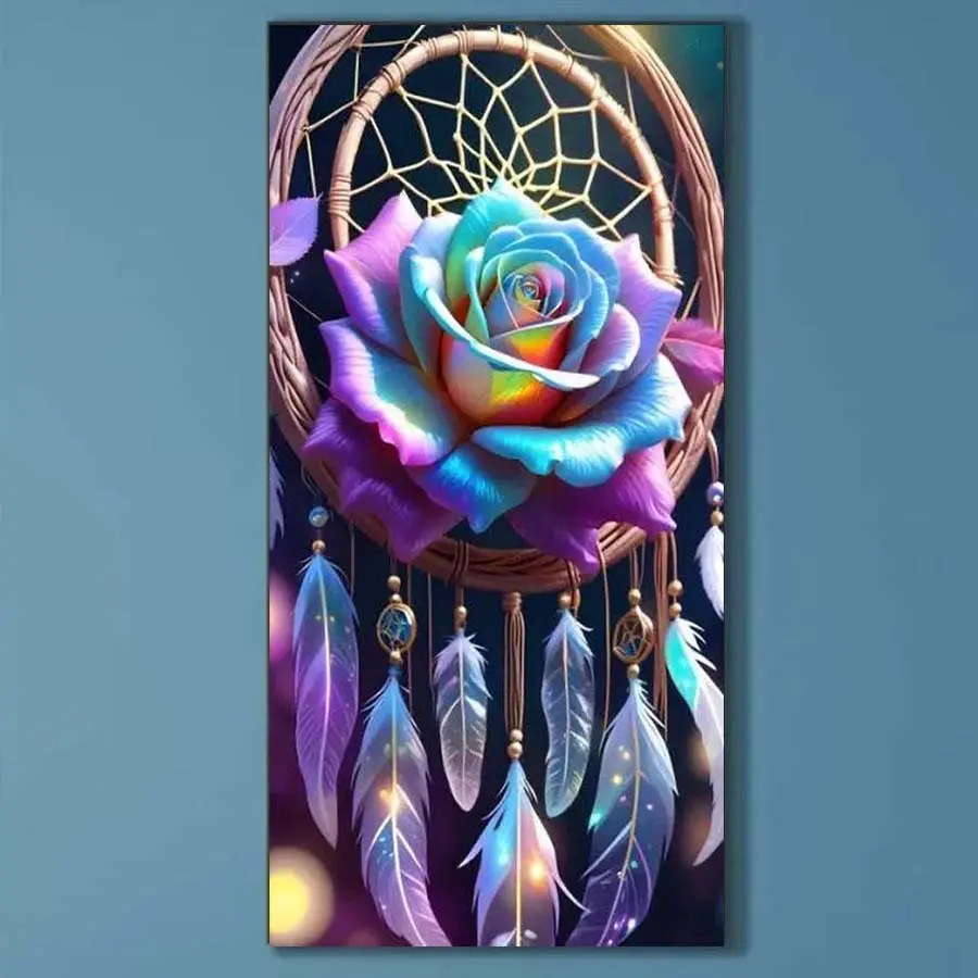 5D DIY Full Drill Round Diamond Painting - Diamond Painting Kit Dreamcatcher with Roses Mosaic Canvas DIY Wall Art, Home Wall Decoration, Suitable for Halloween, Christmas, Birthdays, and Anniversary Gifts, Handmade Gifts