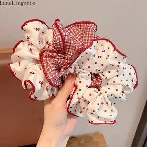 Lune 3PCS Red & White Ruffled Edge Scrunchies, Bow & Polka Dot & Plaid Print Hair Ties, Sweet Cute Elastic Hair Accessories for Women