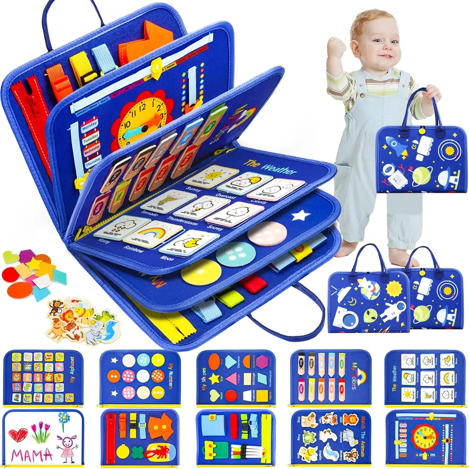 Toddler Busy Board, Montessori Toys for Boys, Sensory Board Birthday Gifts - Educational Busy Book, Learning toys for Toddlers, Preschool Learning Activities and Travel Toys for Airplane Car