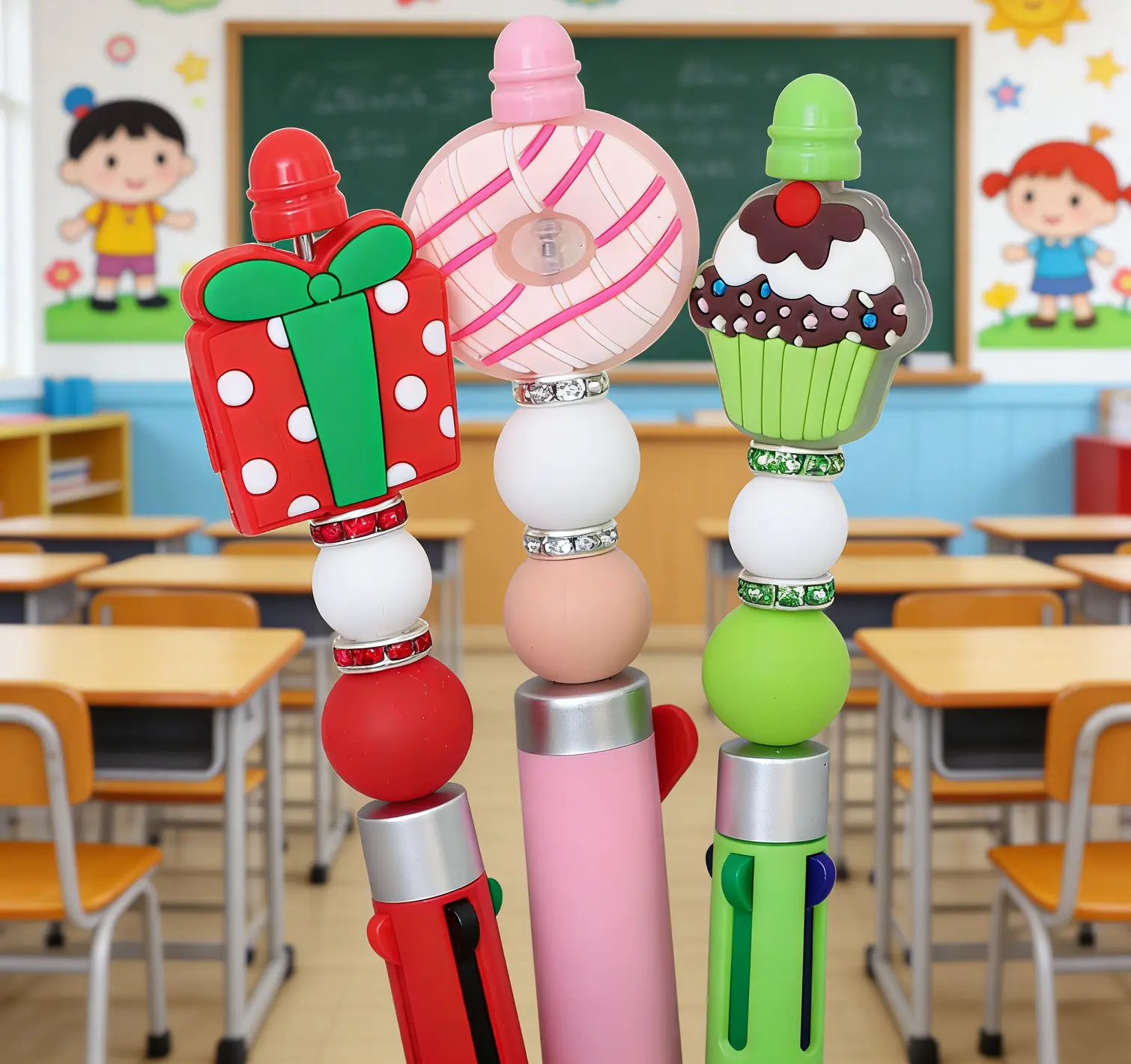 3D Cartoon Topper Retractable Ballpoint Pens, Adorable Design with Colorful Beads Decor, Journaling & Drawing Tools, Great for Gifting & Classroom Rewards