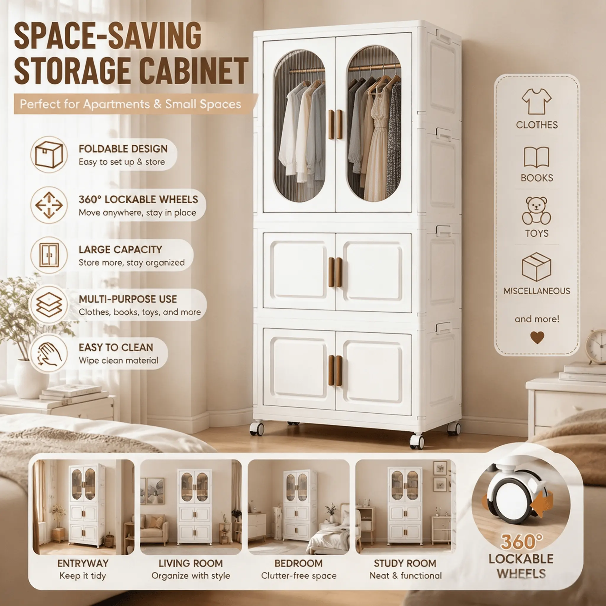 Eco-Friendly Space-Saving Collapsible Storage Closet Organizer - Adjustable Multi-Functional Portable Wardrobe with Hanging Rod, Large Capacity, Tool-Free Set-Up, Waterproof Seal, Degradable for Bedroom Clothes & Books, Dorms/Rental Apartments, Caster Whe