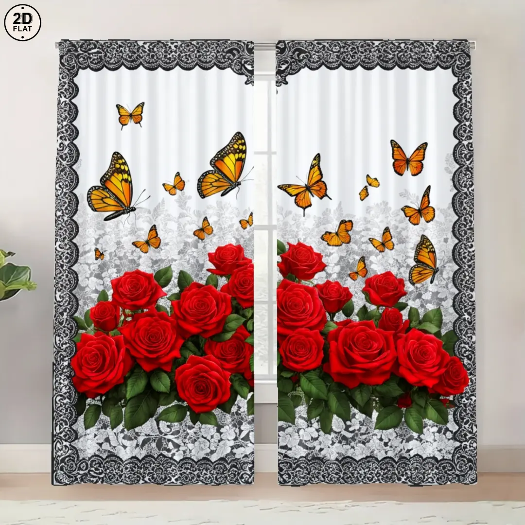 2 Piece Floral Print Curtains, Rod Pocket Design, Easy Hanging, Half-Transparent Privacy Curtains for Bedroom, Living Room, Kitchen, Closet