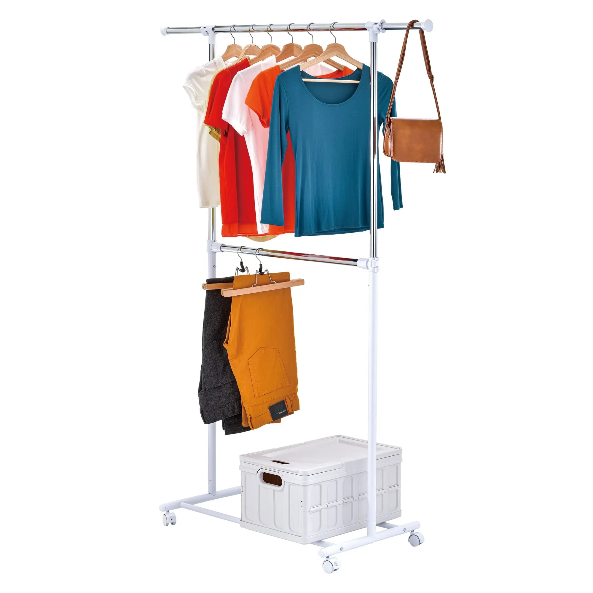 Adjustable 2-Tier Rolling Garment Rack with Wheels, Heavy Duty Metal Clothes Rack, Height Adjustable Clothing Organizer for Bedroom, Laundry Room & Closet