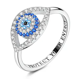 MULA Evil Eye Protection Ring, 925 Silver Plated with Platinum, Blue CZ Evil Eye Closed Band Ring, Spiritual Energy Protection Jewelry, Good Luck Promise Ring for Women Girls