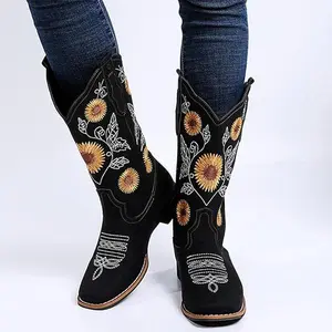 Western Cowgirl Boots for Women Black Sunflower Embroidery Mid Calf Square Toe Low Heel All Season Fashion Cowboyboot US 3-11.5