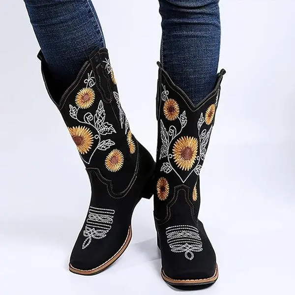 Gloryinterest Women's Retro Western Cowgirl Boots - Black, Sunflower Embroidery, Mid Calf, Square Toe, Low Heel, All Season Fashion Footwear, US 3-11.5, Stylish Shoe Design